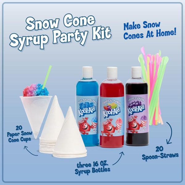 Kool-Aid Snow Cone Syrup Party Kit, Shaved Ice, Comes With Straws, Cups, Spoons, Flavors Of Tropical Punch, Grape, Blue Raspberry, Fun For Kids, Celebrations, Gifting, Multicolor - Image 3